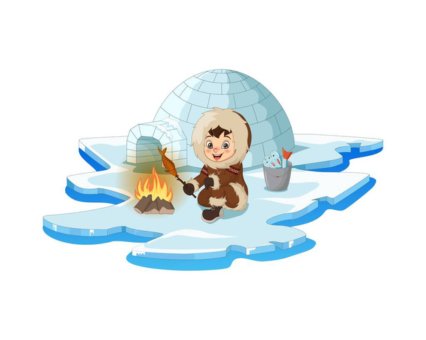 Vector Illustration of Cartoon Arctic eskimo with bonfire and fish - Vector, Image
