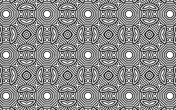 Ethnic geometric background in folk doodling style with intertwined lines. Abstract black white template. Vector graphics for wallpapers - Vektor, obrázek