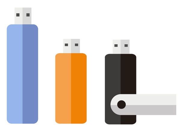 Trois clés USB, illustration, vecteur sur fond blanc. - Vecteur, image