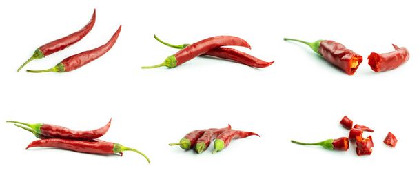 Red chili peppers collection on a white background. - Photo, Image