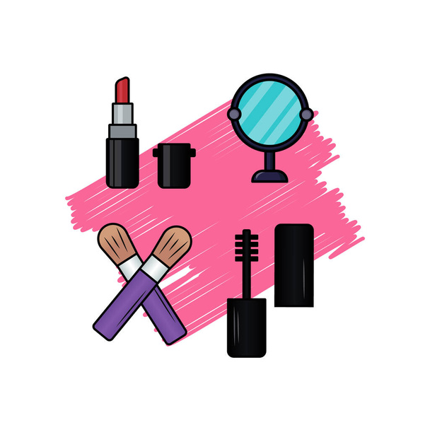 Vector skizziert ein quadratisches Banner mit einem runden Rahmen kosmetischer Produkte. Design für Kosmetik, Mode, Schönheit, Make-up. Lippenstift, Parfüm, Pinsel, Bleistift, Creme. - Vektor, Bild