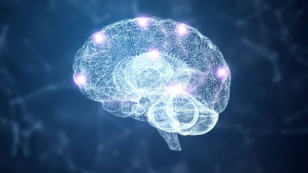 概要青色を背景としたHUD脳および神経系のワイヤーフレーム・ホログラムシミュレーション・ノード。ナノテクノロジーと未来科学の概念。3Dイラスト - 写真・画像