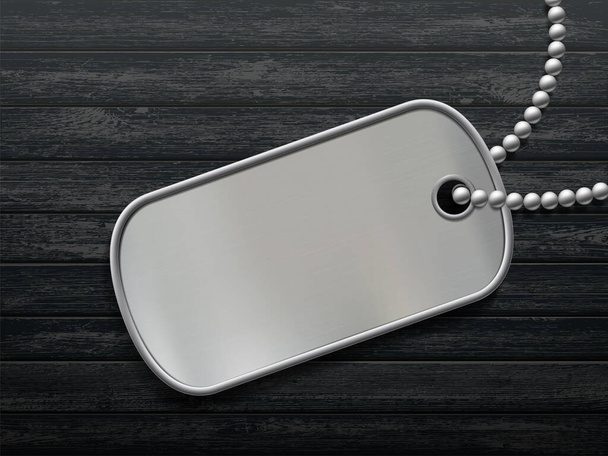 Military metal id tag on a black wooden background. Blank template. Vector illustration. - Vector, imagen