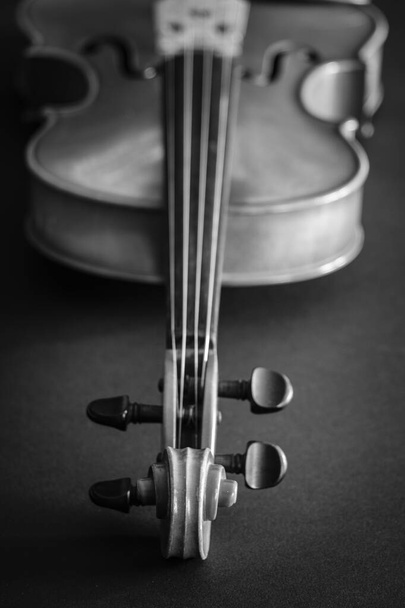 Detail of a viola, a rubbed-string musical instrument, similar in materials and construction to the violin but larger and with a lower sound. - Zdjęcie, obraz