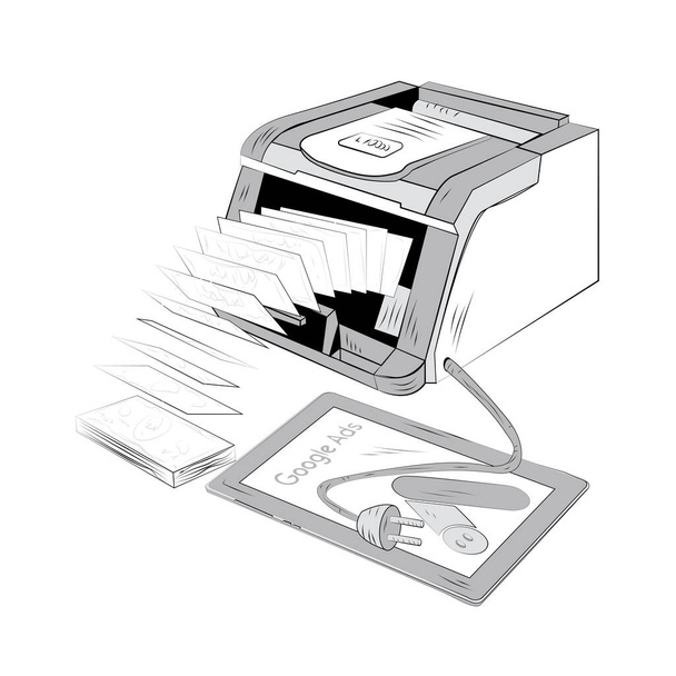 una impresora que imprime dinero, que está conectada a una tableta con una inscripción google ads - Vector, imagen