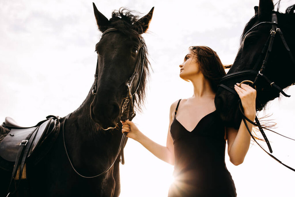 portrait de belle femme en robe noire avec deux chevaux dans la nature - Photo, image