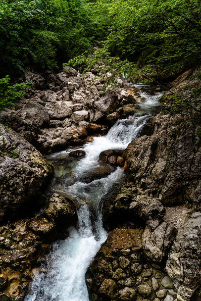 A vertical shot of a beautiful small waterfall in the park of Triglav, Slovenia in the daytime - Фото, зображення