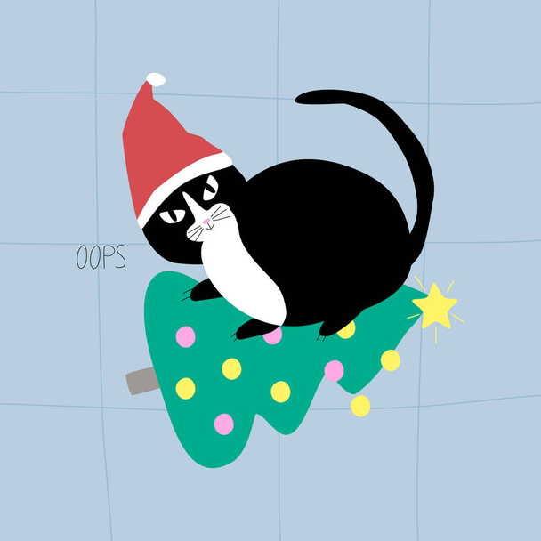 Angry black cat with Santa hat dropped Christmas tree. Christmas card "OOPS". Doodle vector illustration. - Vector, Image