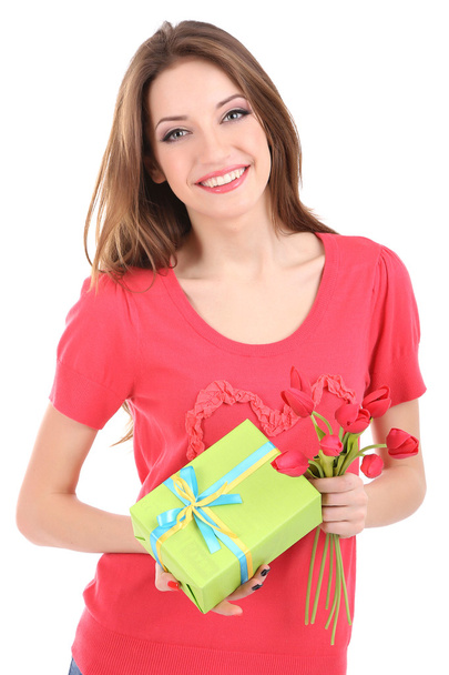 Attractive woman with gift box and flowers, isolated on white - Fotoğraf, Görsel