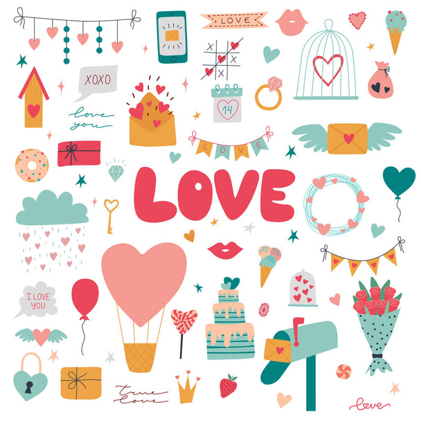 Set of Valentine's Day design elements with envelope, cupcakes, garland, lollipop, flowers and hearts. Template for Stickers, Greeting, Invitations, Planners. Vector illustration in flat cartoon style - Вектор, зображення
