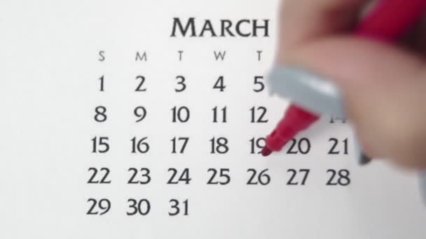 Giorno di cerchio di mano femminile in data di calendario con un marcatore rosso. Business Nozioni di base Wall Calendar Planner e organizzatore. 26 MARZO - Filmati, video