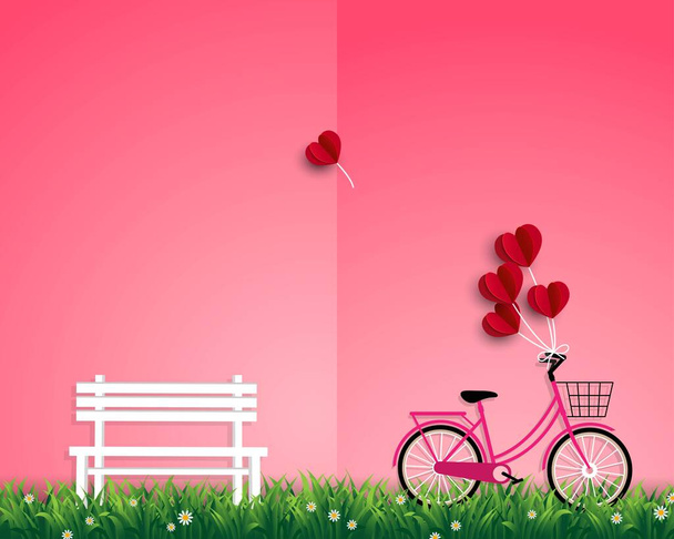 Buon San Valentino con palloncini rossi che sorvolano il giardino su sfondo rosa dolce - Vettoriali, immagini