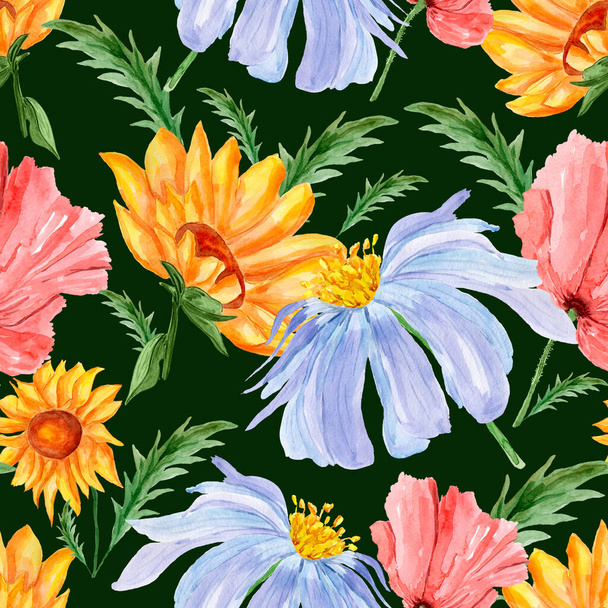 Colored summer flowers. For decoration of postcards, print, design works, souvenirs, design of fabrics and textiles, packaging design, invitation, wrapping. - Zdjęcie, obraz
