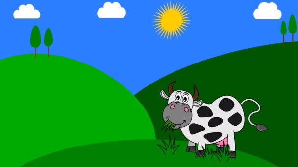 Uma vaca leiteira comendo grama em um prado com bela luz do sol - animação - Filmagem, Vídeo