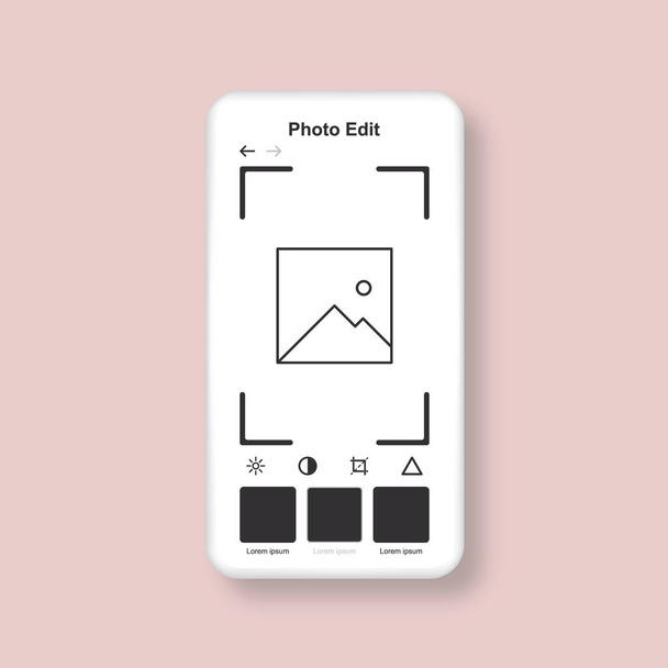 Шаблон редактора фотографій. Макет інтерфейсу смартфона з мобільним додатком для редагування фотографій. Векторні
 - Вектор, зображення