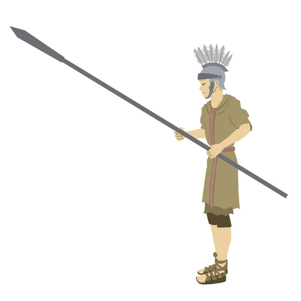 Un soldato romano in uniforme militare tipica dell'Impero Romano, L'abbigliamento comprende un elmo e una lancia. Colorato disegno vettoriale piatto. Su sfondo bianco - Vettoriali, immagini