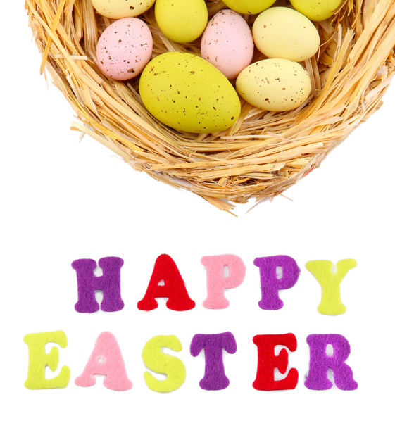 Easter eggs in nest and Happy Easter sign, isolated on white - Zdjęcie, obraz