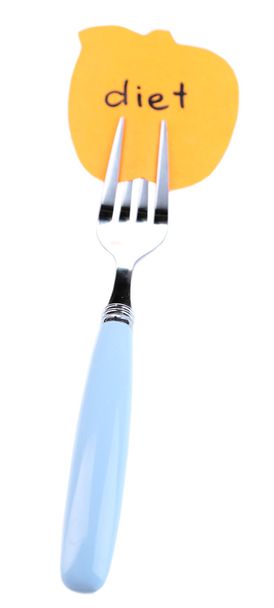 Note paper with message  attached to fork, isolated on white  - Фото, изображение