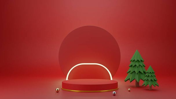 Exibição de pódio de pedestal vazia com suporte de círculo e quadro brilhante como fundo, renderização 3D abstrata com espaço de cópia para banner de marca, vitrine para promoção de produtos, conceito de Feliz Natal - Foto, Imagem