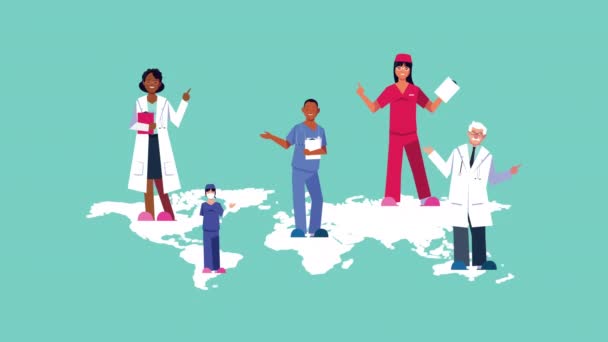 profesionales interraciales médicos personal en tierra planeta animación - Imágenes, Vídeo