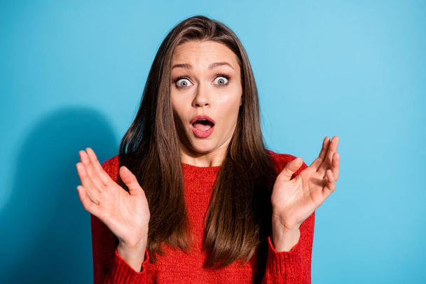 Portrait of astonished frustrated girl terrible information scream wear pullover isolated blue color background - 写真・画像