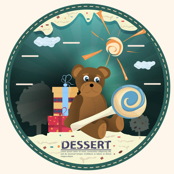 chocolate bear with candy, sitting next to gift boxes, labeled dessert, round sticker flat design - Vector, Image