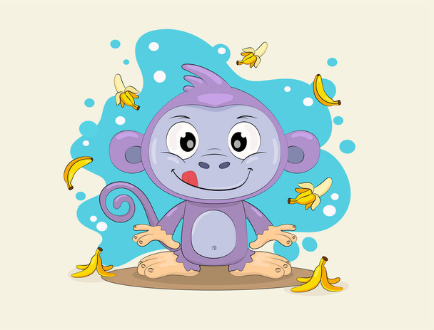 Funny monkey with bananas. Little monkey with bananas flying around. Children s illustration. - Photo, Image
