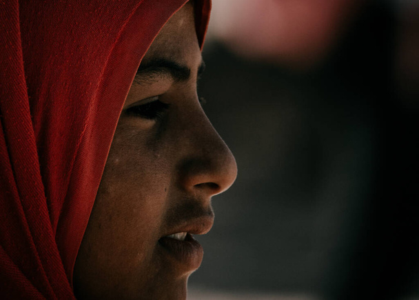 SAHARA, EGYPT - Nov 11, 2020: Arab Woman In Hijab Close Up Portrait Side Close up - Foto, Imagen