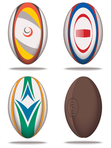 liga deportiva de rugby y la unión, conjunto de cuatro bolas, incluyendo una bola vintage aislado sobre un fondo blanco - Vector, Imagen