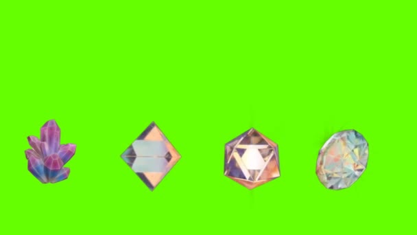 Piedra preciosa de diamante en fondo de pantalla verde Animación 4K. Gráficos de movimiento de diamante de cristal giratorio con verde mate. Chrom de gemas preciosas - Imágenes, Vídeo