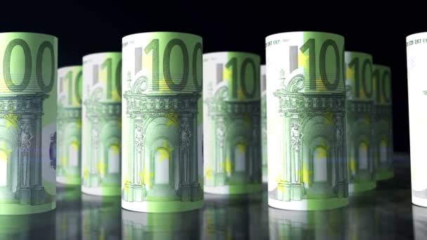 Euro dinheiro rolos loop 3d animação. Câmera movendo-se sobre as notas rolantes de 100 EUR. Conceito de economia, crise, finanças, dinheiro, sucesso empresarial, recessão, impostos e dívidas na UE. - Filmagem, Vídeo