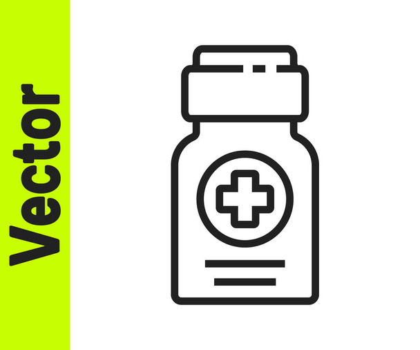 Zwarte lijn Medicijn fles pictogram geïsoleerd op witte achtergrond. Flessenpil teken. Farmaceutisch ontwerp. Vector Illustratie. - Vector, afbeelding