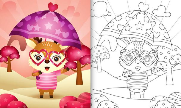 livre à colorier pour les enfants avec un joli cerf tenant parapluie thème Saint Valentin - Vecteur, image