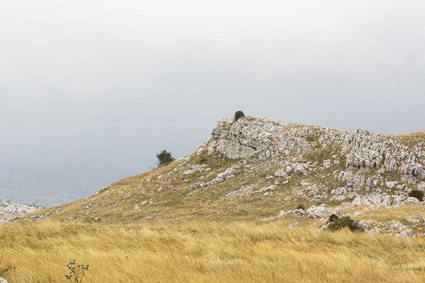 Ο βραχώδης λόφος σε ένα χωράφι ένα ομιχλώδες πρωινό στη Βοσνία-Ερζεγοβίνη - Φωτογραφία, εικόνα