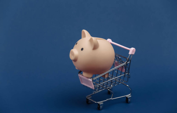 Mini shopping trolley with piggy bank on classic blue background - Photo, Image
