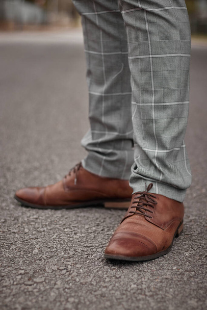 Mens Formal dress shoes with grey pin striped pants - 写真・画像