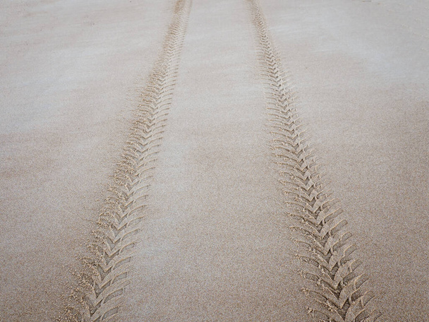Tire tread mark on the sea sand extending into the distance. - Photo, Image