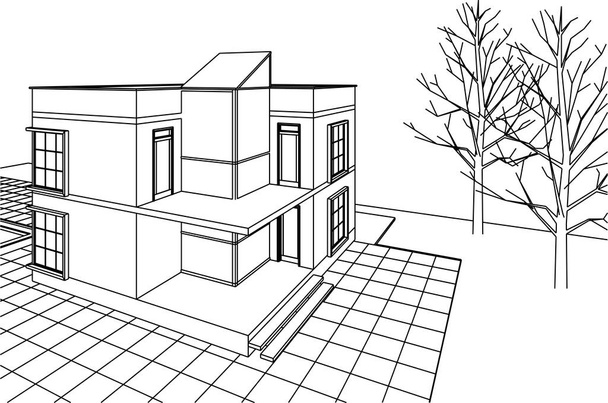 архитектурный эскиз дома 3D иллюстрация - Вектор,изображение