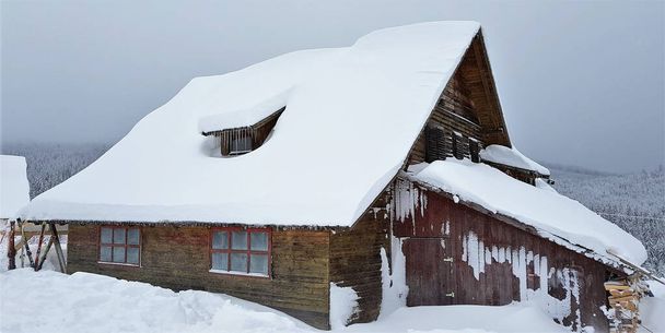 A beautiful shot of a log house covered with snow on a cold winter day in the forest - Fotoğraf, Görsel