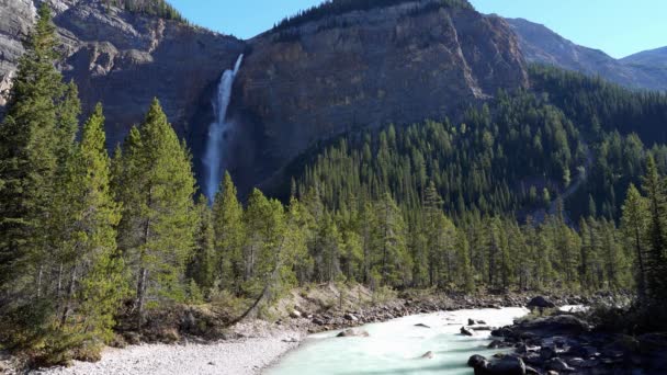 Wodospad Takakkaw i rzeka Yoho w słoneczny letni dzień. Krajobraz przyrodniczy w Parku Narodowym Yoho, Canadian Rockies, Kolumbia Brytyjska, Kanada. - Materiał filmowy, wideo