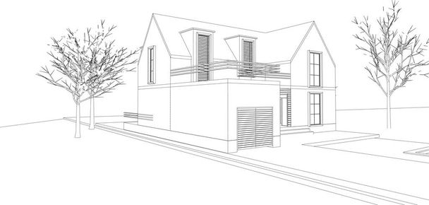 progetto architettonico casa a schiera schizzo 3d vettoriale illustrazione - Vettoriali, immagini