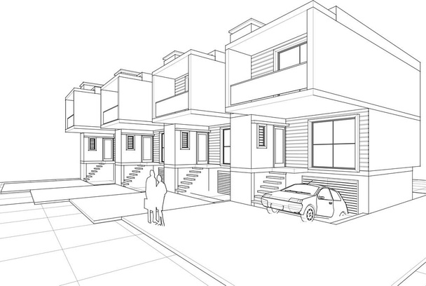 townhouse projeto arquitetônico esboço 3d vetor ilustração - Vetor, Imagem