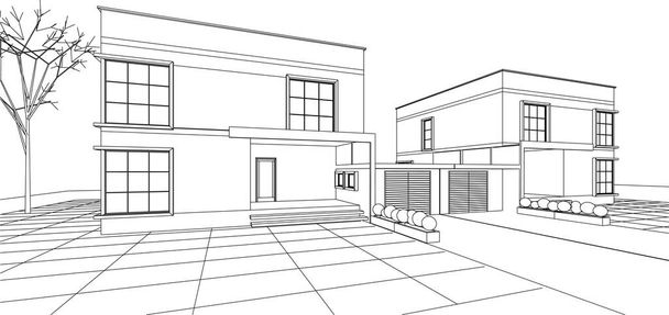 タウンハウス建築プロジェクトスケッチ3Dベクトルイラスト - ベクター画像