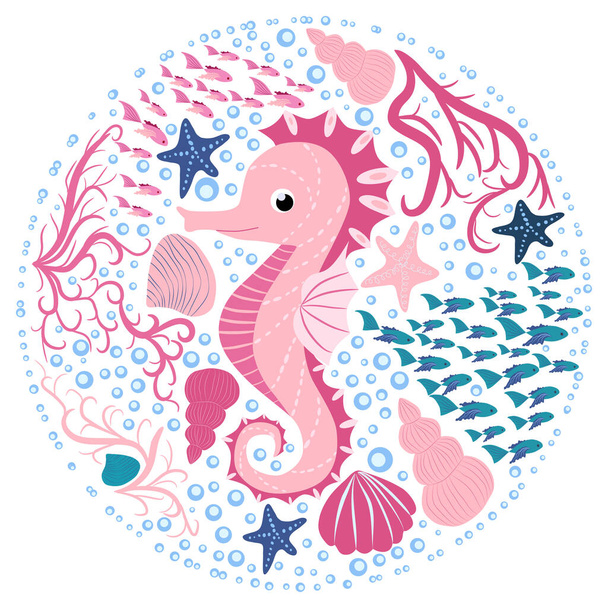 Seahorse, Scandinavian style hippocampus, hand drawn, among seaweed, starfish, seashells fish pink girl - Vektori, kuva