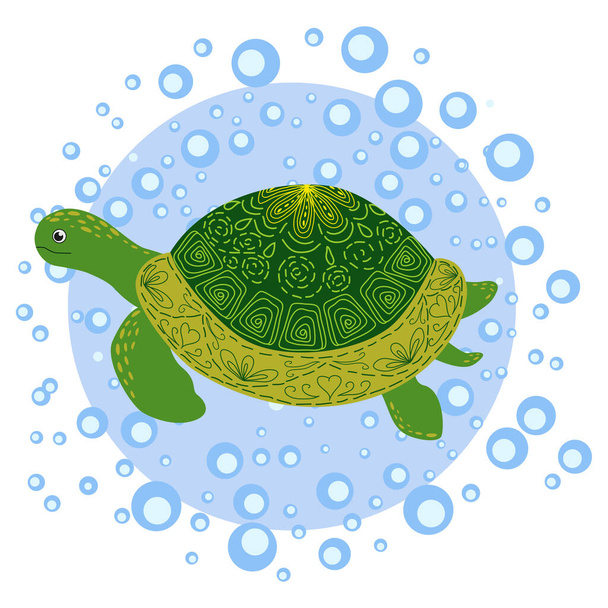 Green Scandinavian style turtle with painted shell pattern hand drawn, among the water bulbs. - Vector, Image