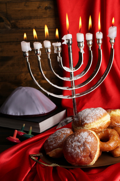 Festive composition for Hanukkah on cloth close-up - Foto, afbeelding