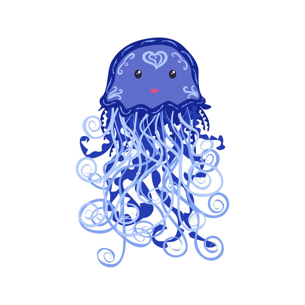 Cute happy jellyfish cartoon character sea animal. Summer time card - Vector, Image