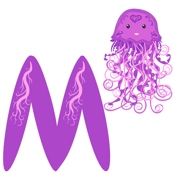 Medusa and the letter M. Funny alphabet for children with animals, for preschoolers learning letter - Вектор, зображення