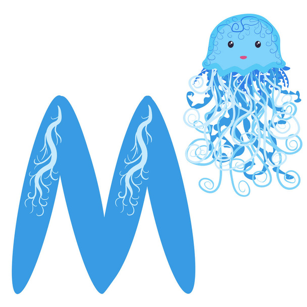 Medusa and the letter M. Funny alphabet for children with animals, for preschoolers learning letter - Vector, imagen