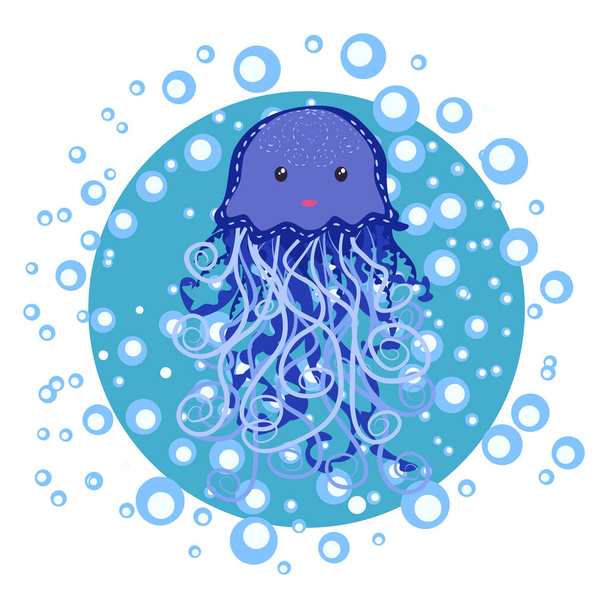 Funny jellyfish hand drawn among water bubbles. Cute marine life, Scandinavian style, detailed. - Вектор, зображення